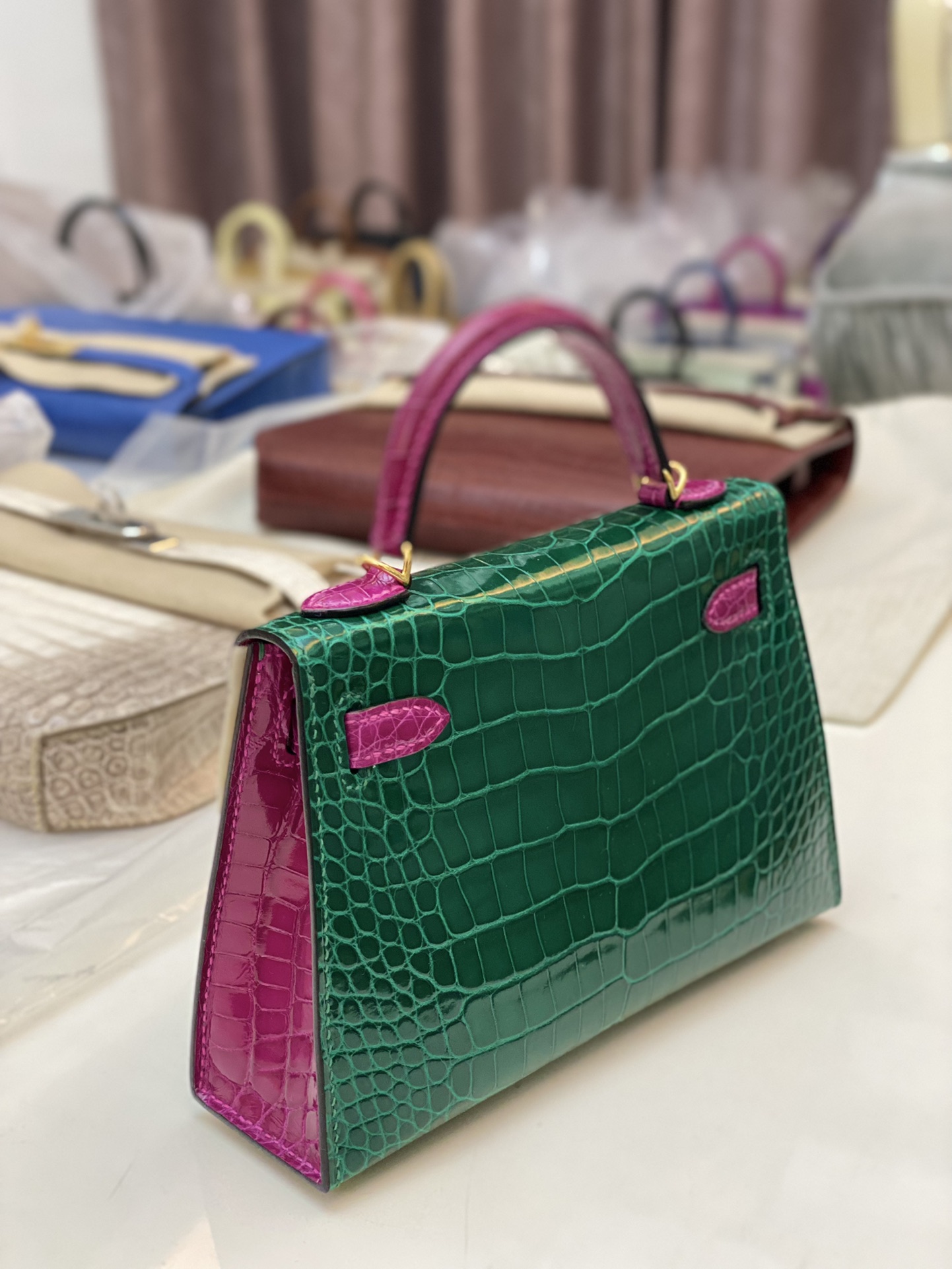 Hermes Kelly Mini II Bag 19CM In Green Purple Shiny Alligator Leather